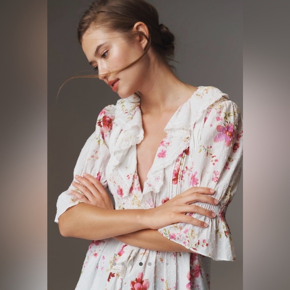 By Anthropologie Ruffled Pin-Tuck Button-Front Blouse - Picture 3 of 7